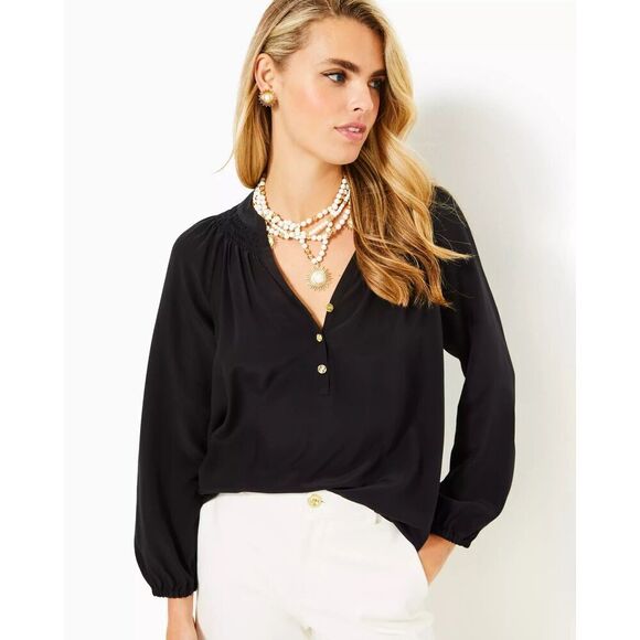 Lilly Pulitzer  "Elsa" Black 100% Silk Satin Smocked Neck Line Blouse size Small - Picture 1 of 7